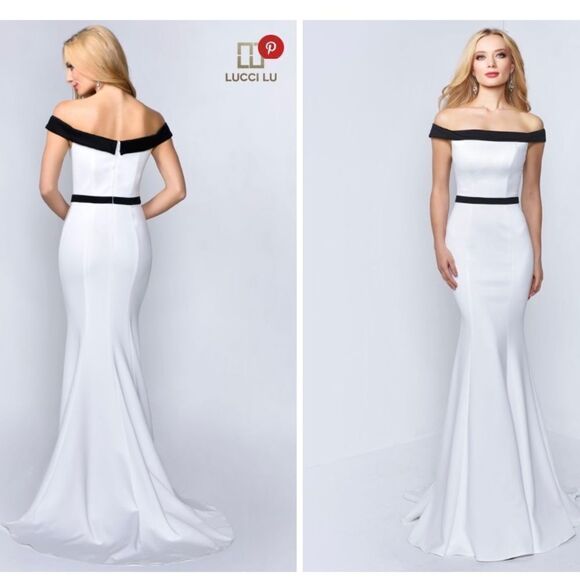 NEW Lucci Lu 8197 white black off the shoulder mermaid maxi gown dress 2
